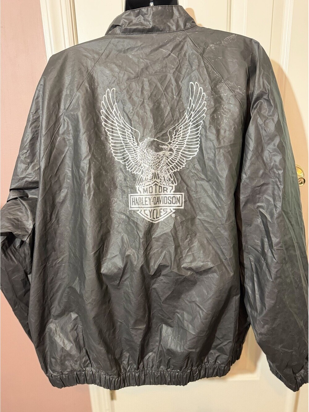 Vintage 90s Harley Davidson Rain Jacket 2XL Black PVC Flying Eagle Coat READ